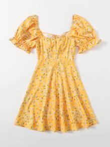 Soleia Puff Sleeve Ruched Front Ditsy Floral Dress - Yellow - View 2