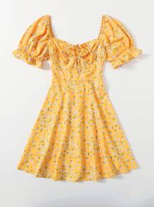 Soleia Puff Sleeve Ruched Front Ditsy Floral Dress - Yellow - View 3