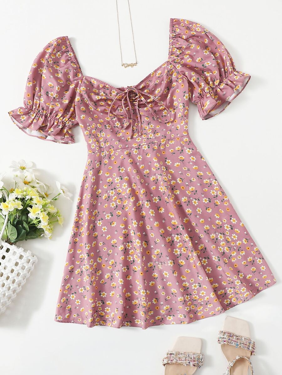 Soleia Puff Sleeve Ruched Front Ditsy Floral Dress - Dusty Pink - View 1