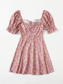 Soleia Puff Sleeve Ruched Front Ditsy Floral Dress - Dusty Pink - View 2