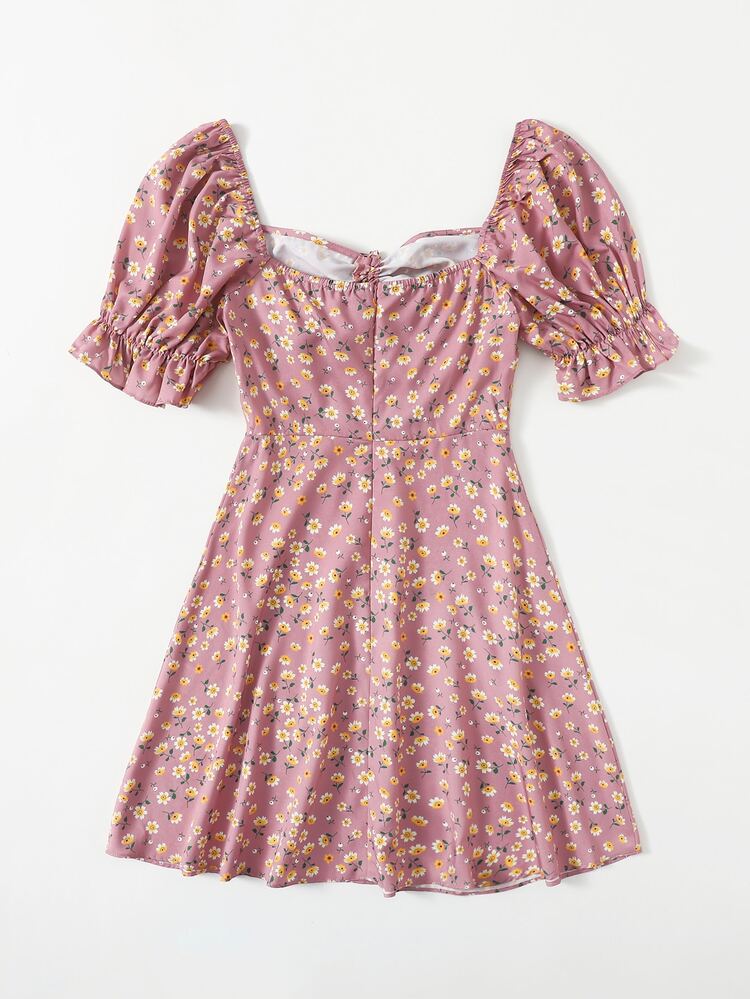 Soleia Puff Sleeve Ruched Front Ditsy Floral Dress - Dusty Pink - View 2