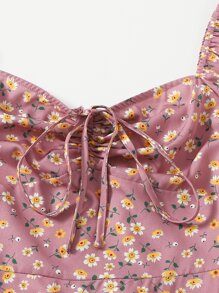 Soleia Puff Sleeve Ruched Front Ditsy Floral Dress - Dusty Pink - View 3