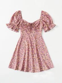 Soleia Puff Sleeve Ruched Front Ditsy Floral Dress - Dusty Pink - View 4