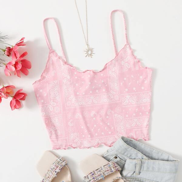 

Paisley Scarf Print Crop Cami Top, Baby pink