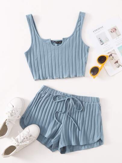 Ensemble short et top en tricot côtelé avec col blazer