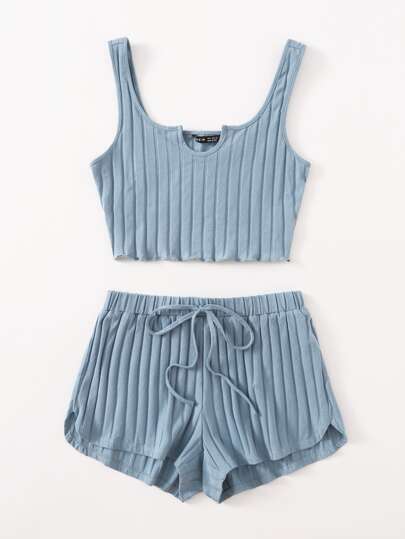 SHEIN EZwear 缺口領羅紋針織背心上衣和短褲套裝