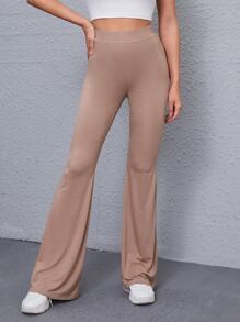 SHEIN Solid High-Rise Flare Trousers - Apricot - View 1