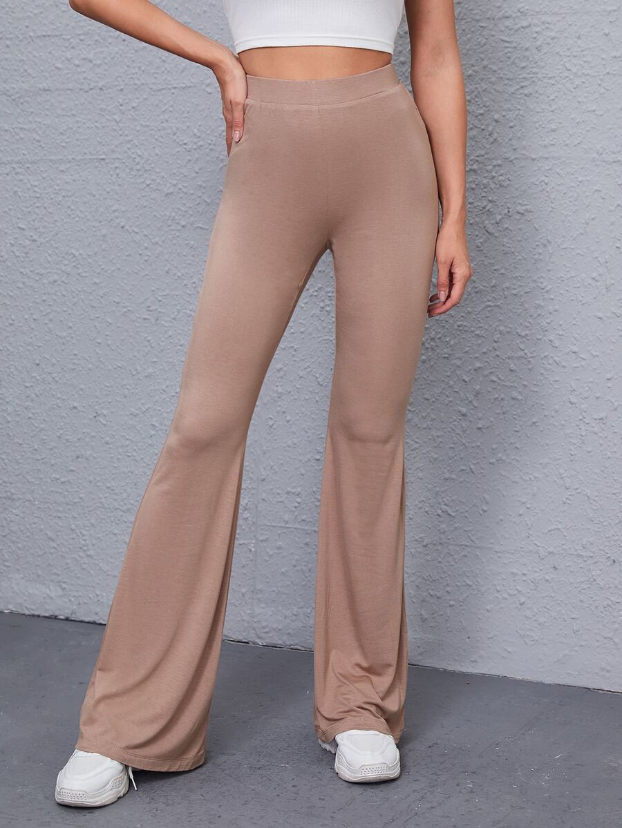 SHEIN Solid High-Rise Flare Trousers - Apricot - View 1
