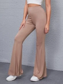 SHEIN Solid High-Rise Flare Trousers - Apricot - View 3