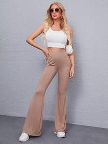 SHEIN Solid High-Rise Flare Trousers - Apricot - View 4
