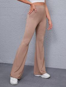 SHEIN Solid High-Rise Flare Trousers - Apricot - View 5