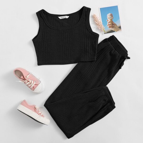 

Girls Rib-knit Crop Tank Top & Joggers Set, Black