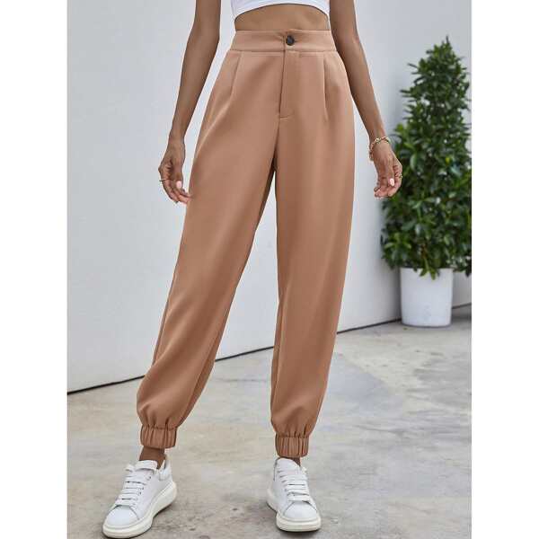 

Solid Button Fly Pants, Khaki