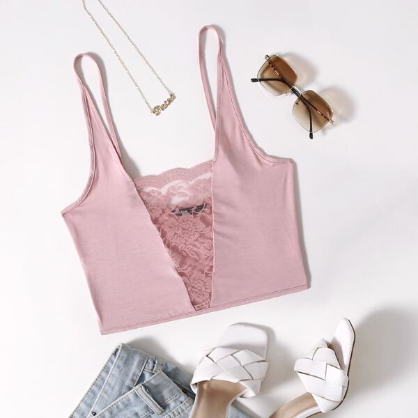 

Lace Insert Crop Cami Top, Baby pink