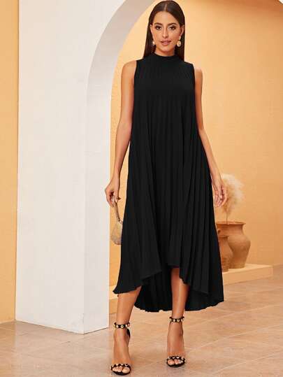 Modelyn High Low Hem Pleated Swing Dress
