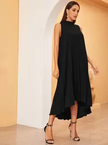 Modelyn High Low Hem Pleated Swing Dress - Black - View 5