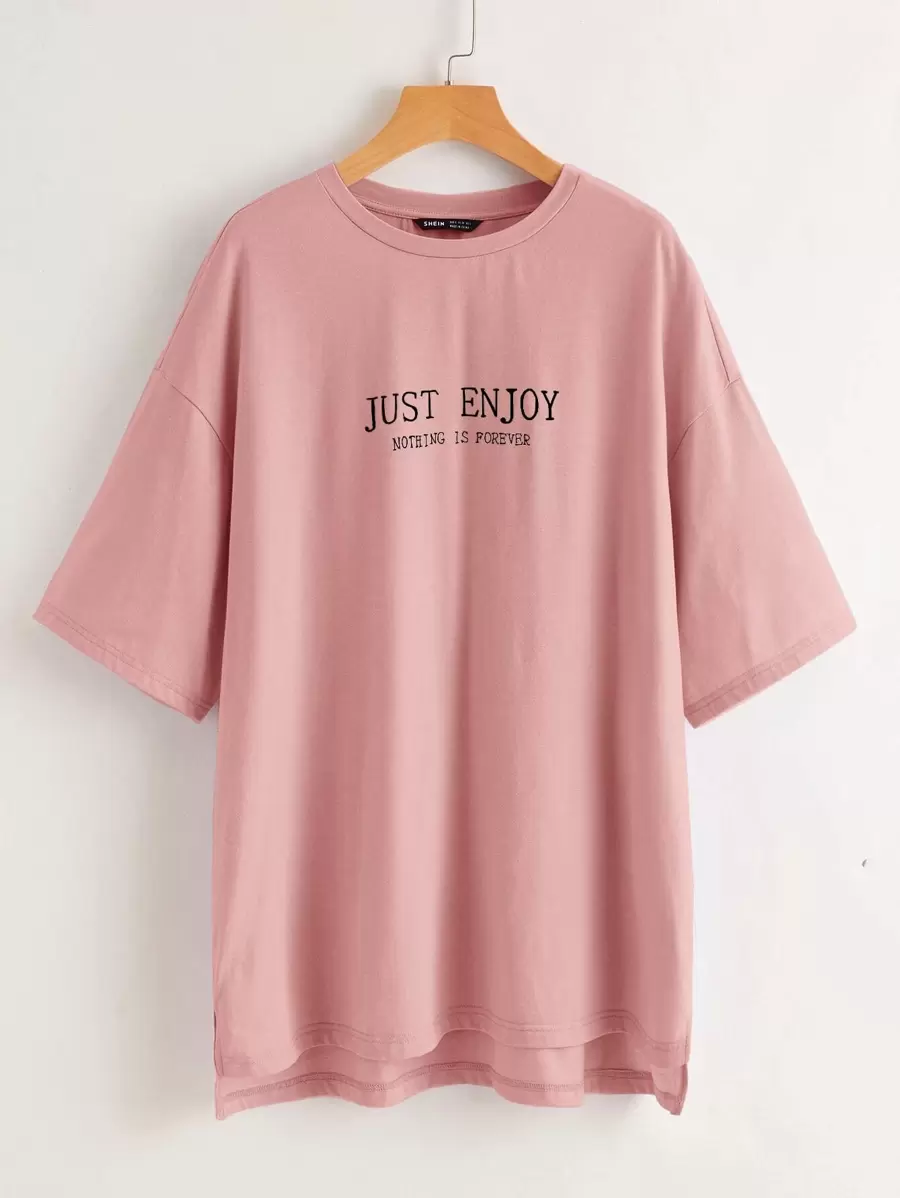 Mulvari 落肩側開衩弧形下擺標語圖案上衣 - 藕粉色 - 查看 1