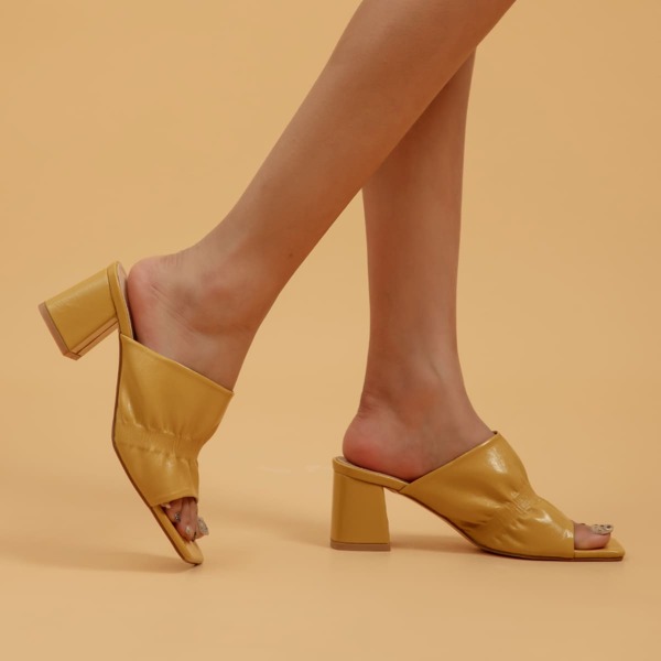 

Ruched Chunky Heeled Mule Sandals, Yellow