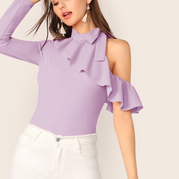

Tie Neck Cold Shoulder Ruffle Trim Top, Lilac purple