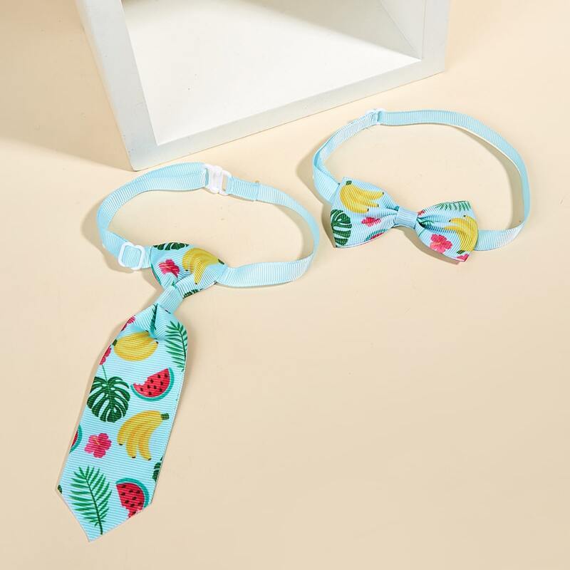 

2pcs Fruit Print Pet Bow & Tie Set, Baby blue