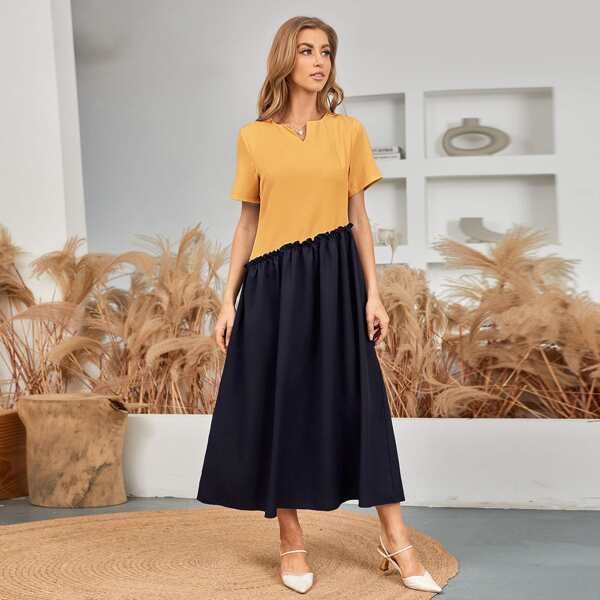

Two Tone Frill Trim Notch Neck Dress, Multicolor