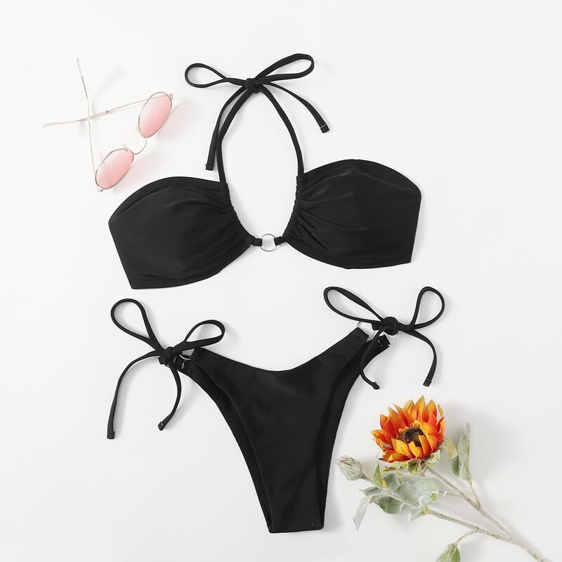

Ring Decor Drawstring Bikini Swimsuit, Black