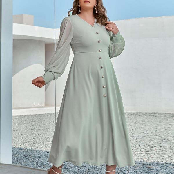 

Plus Button Front Lantern Sleeve Dress, Mint green