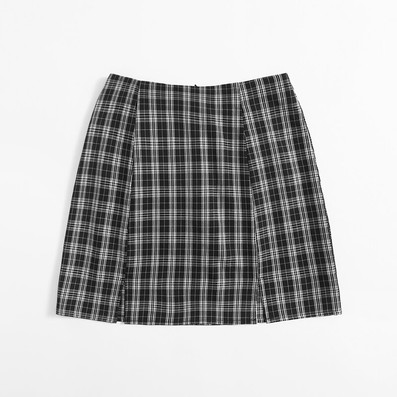 

Slit Hem Plaid Skirt, Black and white