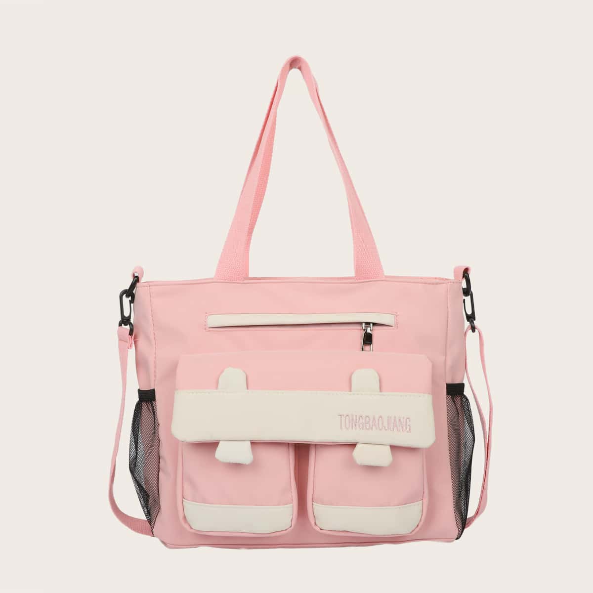 

Colorblock Pocket Front Tote Bag, Baby pink