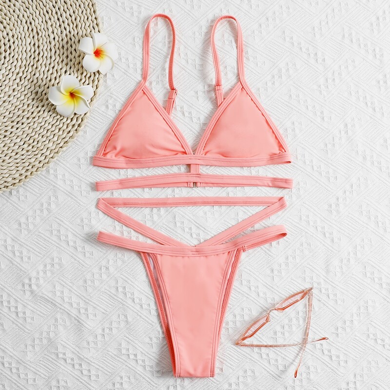 

Solid Triangle Thong Bikini Swimsuit, Watermelon pink