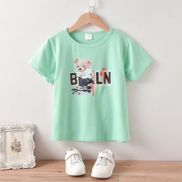 

Boys Bear & Slogan Print Tee, Mint green