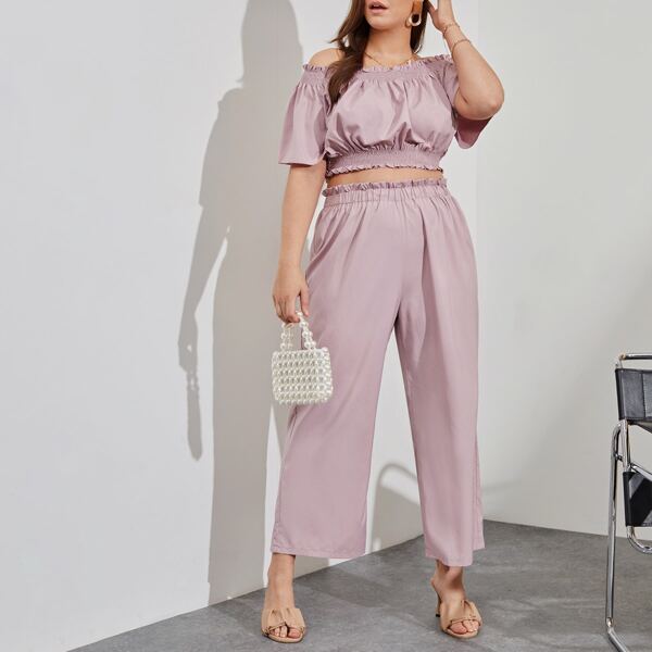 

Plus Frill Trim Shirred Bardot Top & Paperbag Pants, Pink