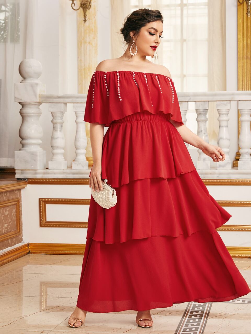 Plus Solid Pearls Beaded Off Shoulder Layered Ruffle Hem Dress