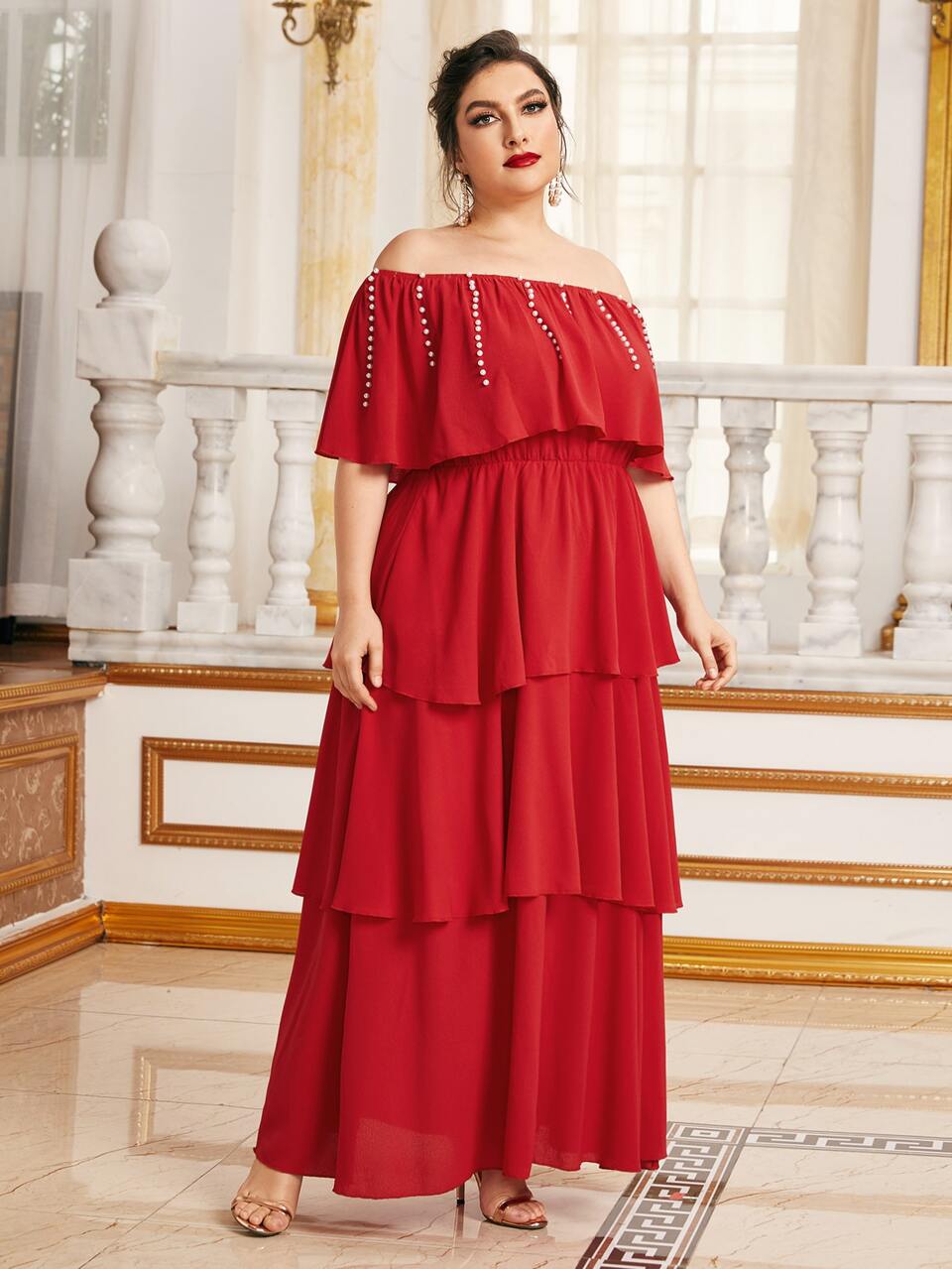 Plus Solid Pearls Beaded Off Shoulder Layered Ruffle Hem Dress