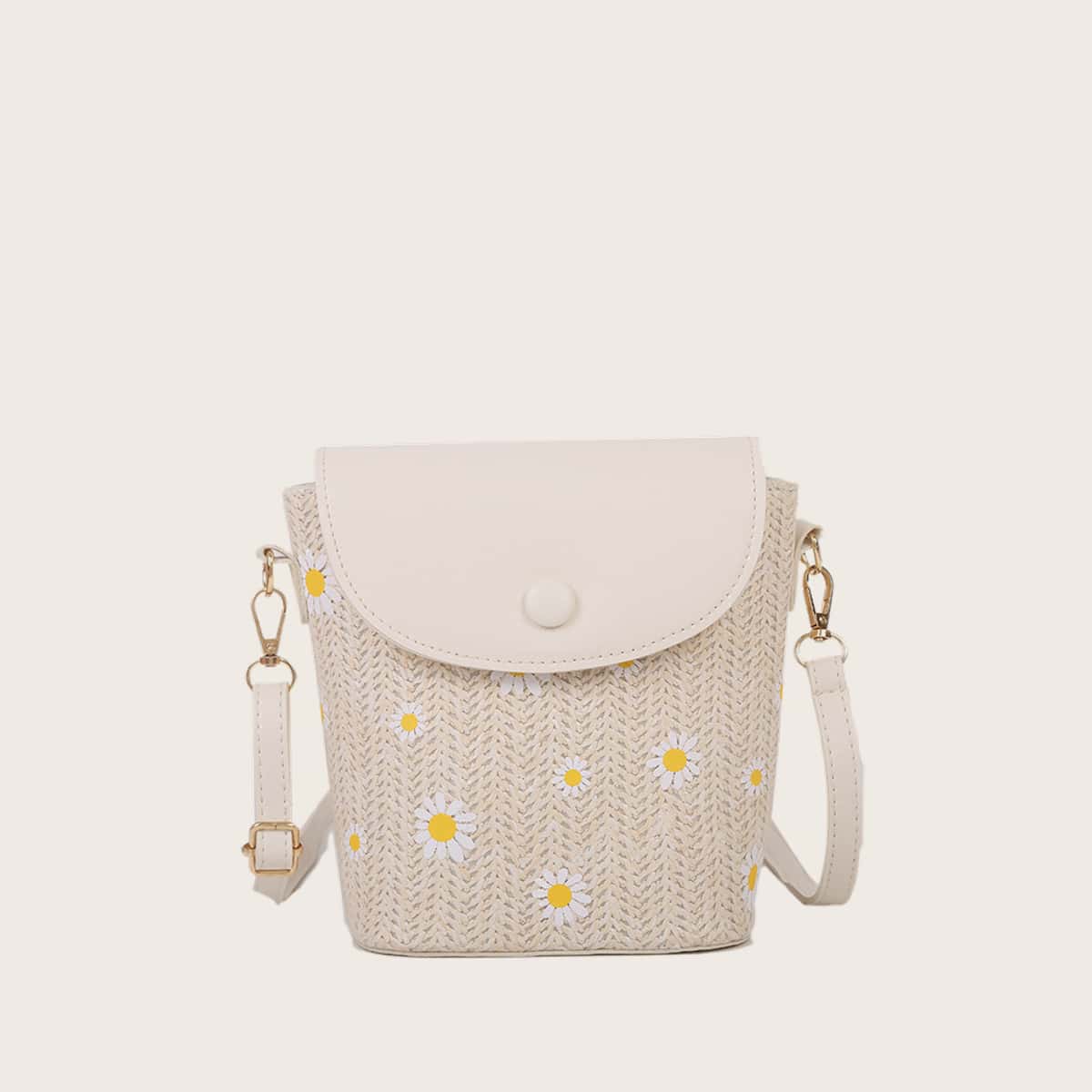 

Daisy Graphic Straw Bag, White