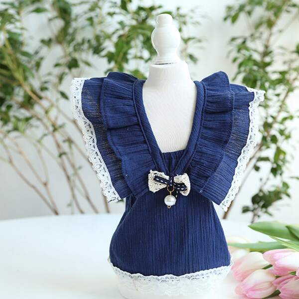 

Bow Detail Lace Pet Dress, Navy blue