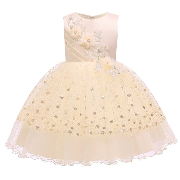 

Girls Appliques Embroidery Mesh Bow Back Gown Dress, Champagne