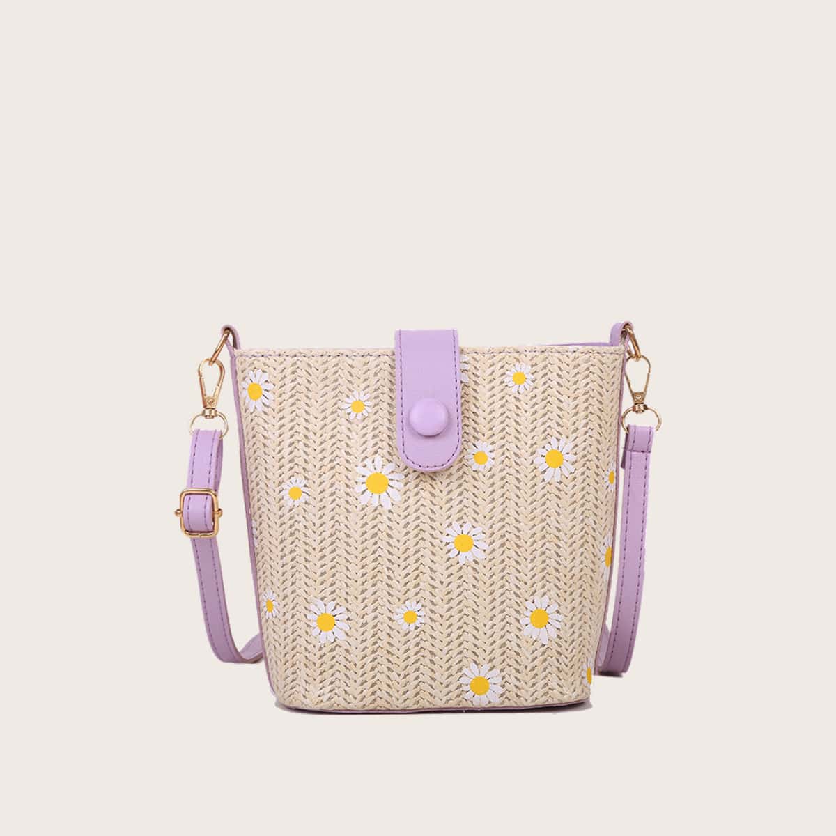 

Daisy Graphic Top Buckle Straw Bag, Purple