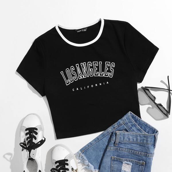

Letter Graphic Binding Crop Tee, Black