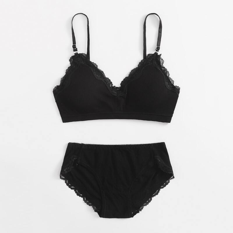 

Ribbed Lace Trim Lingerie Set, Black