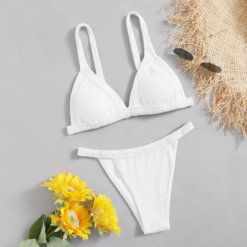 

Plain Triangle Tanga Bikini Swimsuit, White