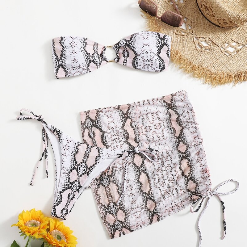 

3pack Snakeskin Print Ring Decor Bikini Swimsuit & Skirt, Multicolor