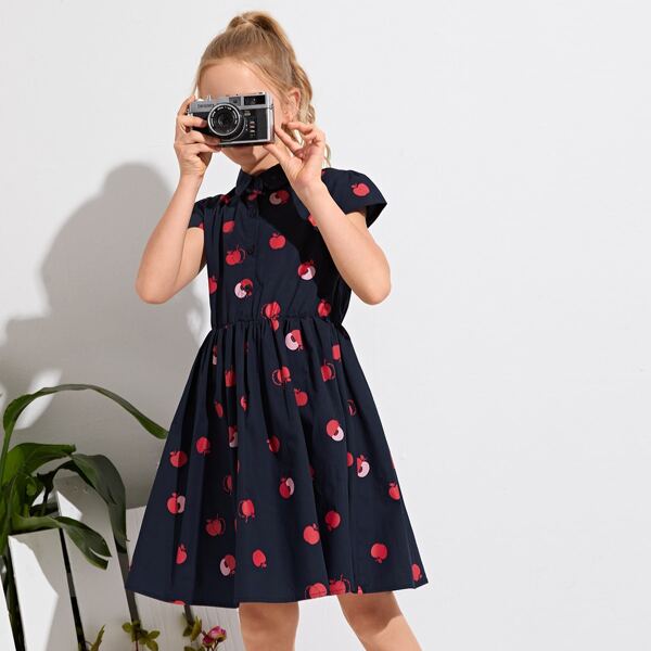

Girls Fruit Print Half Button Shirt Dress, Navy blue