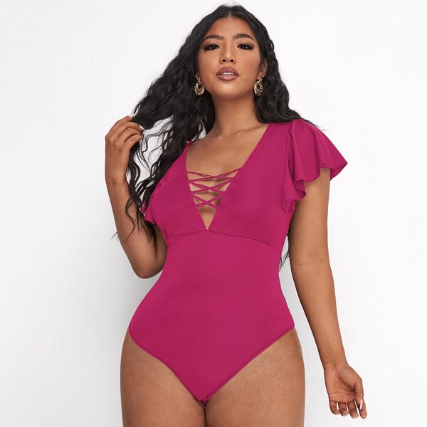 

Plus Solid Criss Cross Bodysuit, Hot pink