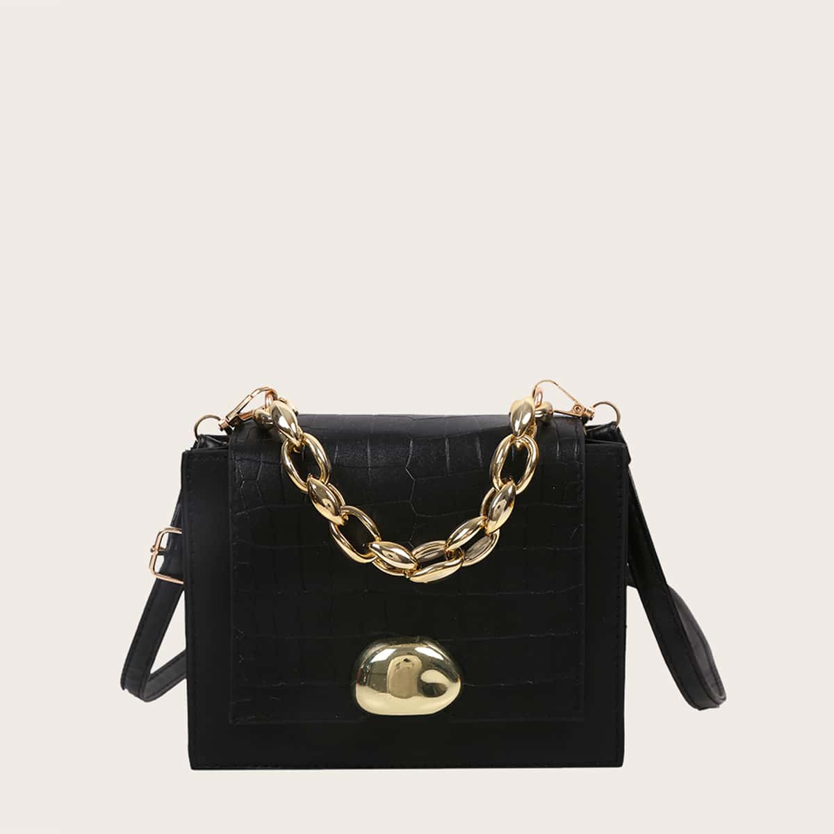 

Croc Embossed Chain Satchel Bag, Black