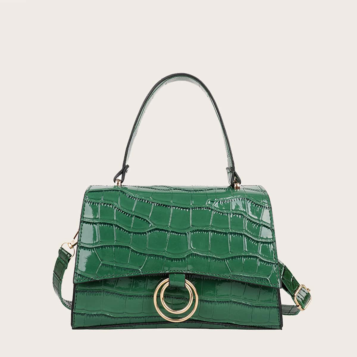 

Ring Croc Embossed Satchel Bag, Green