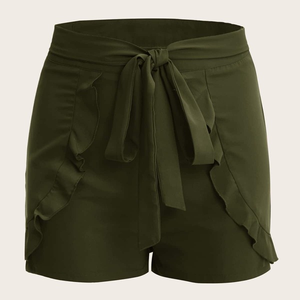 

Plus Tie Front Ruffle Trim Shorts, Army green
