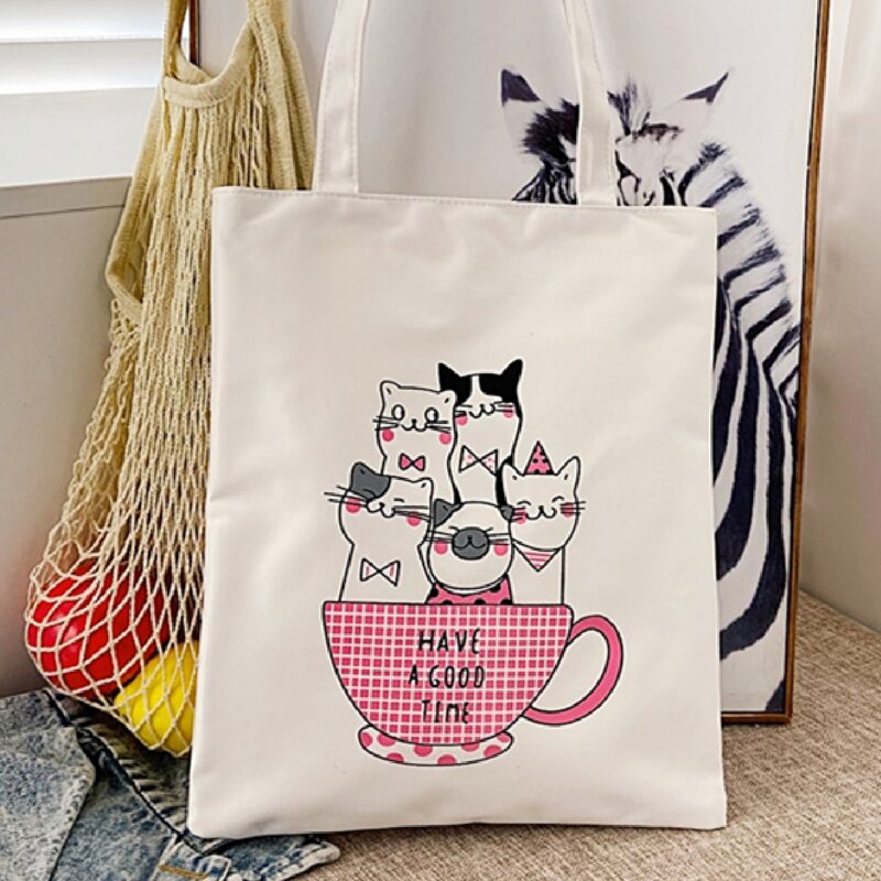 Cartoon Cat Canvas Tote Bag, Beige