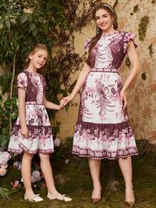 SHEIN Girls Floral Print Top & Skirt Set - Multicolor - View 1