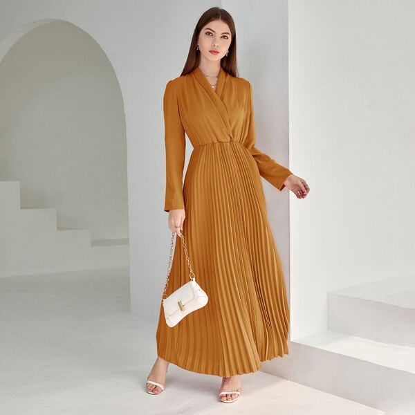

Solid Surplice Front Pleated Hem Dress, Burnt orange